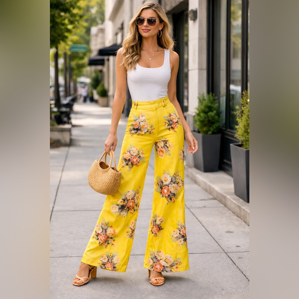 Anthropologie Bright Yellow Floral Pants